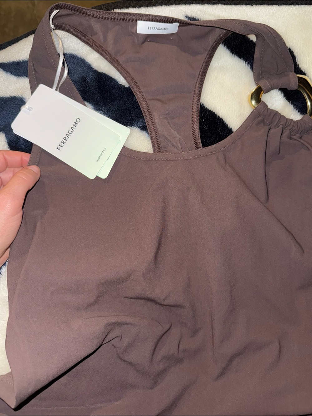Salvatore Ferragamo Brown One-Piece Swimsuit with Gold Ring/Heart Detail - Picture 4 of 5